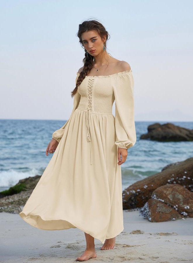 Scarlet Darkness Renaissance Dress Women Long Sleeve Cottagecore Smoked Dress with Pockets, Apricot, S - Image 3