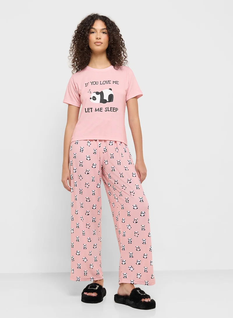 Ginger Cotton Panda Print T-Shirt & Pyjama Set