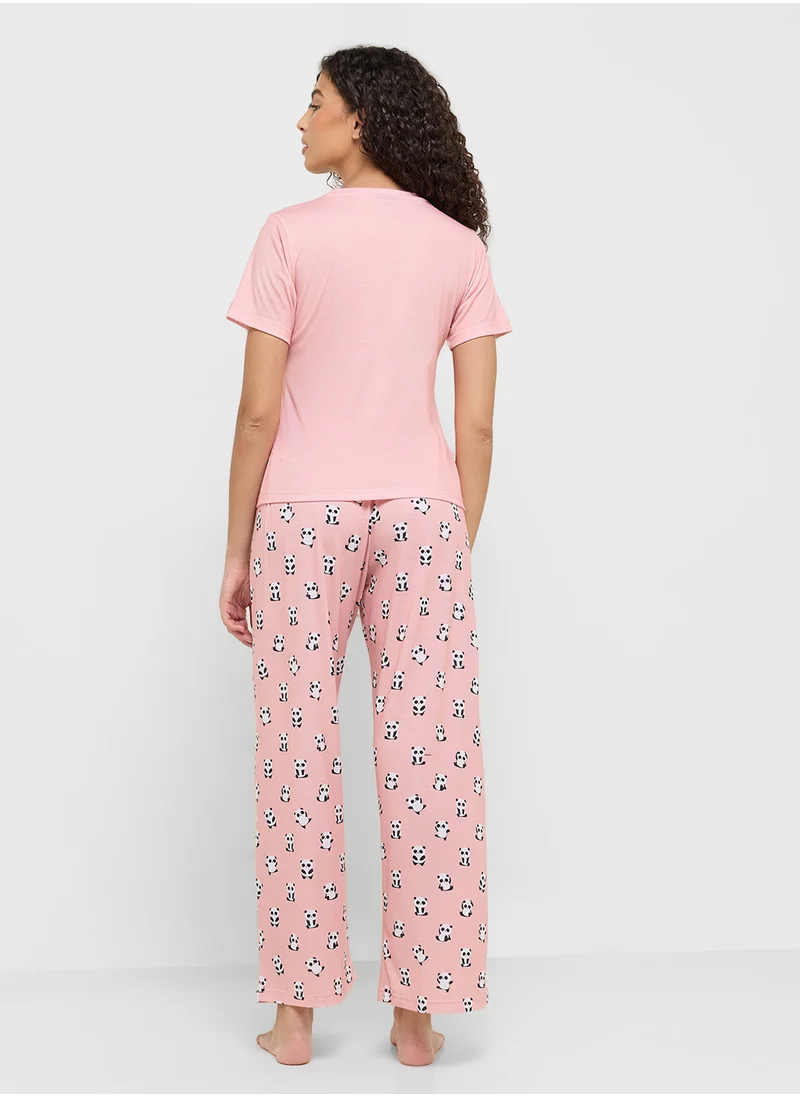 Ginger Cotton Panda Print T-Shirt & Pyjama Set