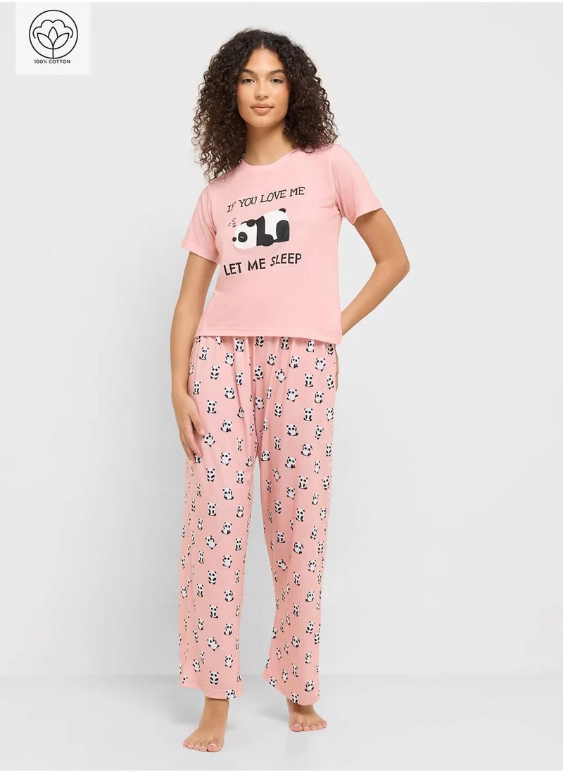 Ginger Cotton Panda Print T-Shirt & Pyjama Set