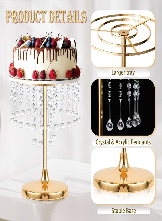 kolnlala Round Crystal Cake Stand - Metal Display Stand with Crystal Pendants for Wedding, Birthday Party Dessert Table Decor - Anniversary Celebration Cake Base Tray (Gold, 2 Pcs-12×15.5") - Image 3