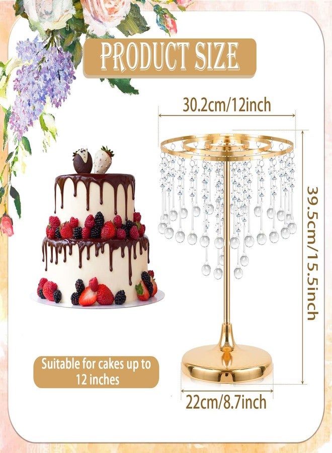 kolnlala Round Crystal Cake Stand - Metal Display Stand with Crystal Pendants for Wedding, Birthday Party Dessert Table Decor - Anniversary Celebration Cake Base Tray (Gold, 2 Pcs-12×15.5") - Image 2