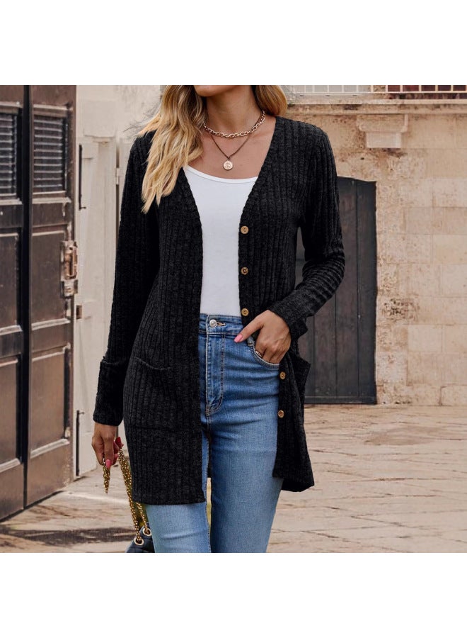Women's Popular Street Casual Fashion V Neck Long-sleeved Flap Pocket Pants Slim Knitted Cardigan Jacket