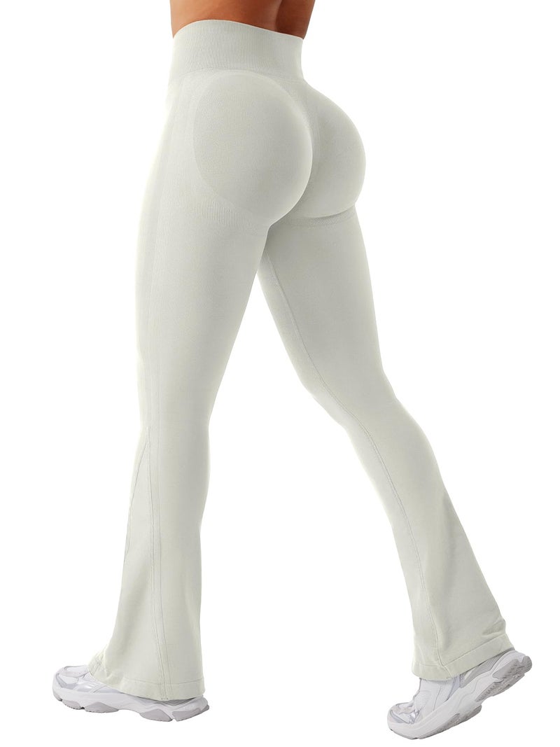 YEOREO Mini Flare Leggings Womens Workout Butt Lifting Legging Hidden Scrunch Seamless 30" Impact Lilliean Yoga Pants Feather Beige S - Image 1