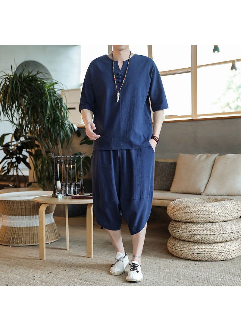 Generic Chinese Style Cotton Linen suit Mens Summer Two-piece Set Korean-style Linen Capri Pants V-neck Half-sleeve T-shirt Mens Wear navy blue (solid) 
