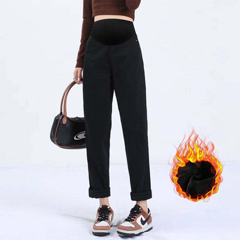 Pregnant Womens Wear 2024 Pregnant Womens Jeans Winter fleece-lined Thickened fleece-lined Style Retro Blue Belly Pants for Women 9398b black baby velvet