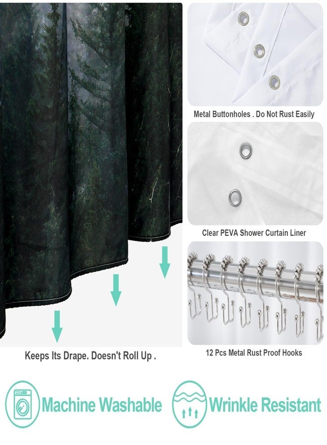 أورتيجيا ستارة دش ORTIGIA 3 في 1 مقاومة للماء وبطانة PEVA شفافة مع 12 خطافًا معدنيًا مزدوج الجوانب لستارة دش، ستارة دش من القماش الناعم بنقشة أشجار الغابة الضبابية السوداء للحمام - 72 عرضًا × 72 طولاً - Image 5
