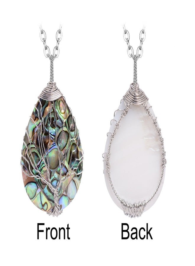 sedmart Wire Wrapped Abalone Teardrop Necklace - Handmade Silver Abalone Shell Water Drop Tree of Life Pendent Jewelry for Women - Image 3