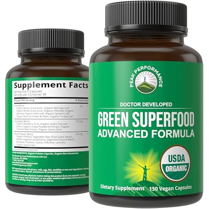 Peak Performance Organic Super Greens 150 Capsules - Green Juice Superfood Supplement with 25 All Natural Organic Ingredients. Max Energy and Detox Super Food Pills with Spirulina, Spinach, Kale, Turmeric, Probiotics - Image 1