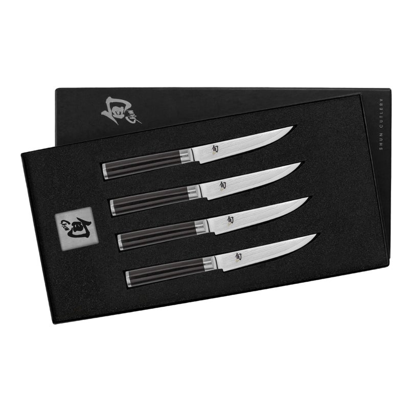 Shun Classic Steak Knife Set 4 Piece 475 Knives Handcrafted Japanese Steak Knife Set VGMAX Core with Damascus Stainless Steel Cladding Pakkawood Handle