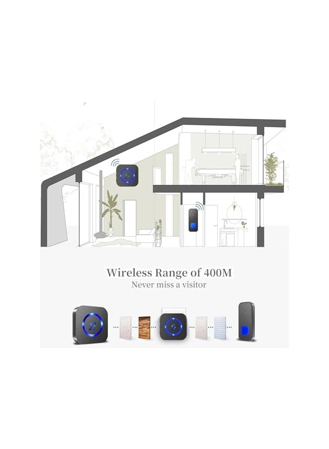 جرس باب لاسلكي، مجموعة جرس باب مقاوم للماء IP55، يعمل بالبطارية مع مدى 1300 قدم / 400 متر، يحتوي على 55 لحن، 5 مستويات صوت وفلاش LED لجهاز جرس الباب. - Image 3