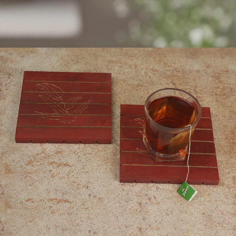 StyleMyWay Handcarved Red Wooden Trivets Set 6? x 6? - Set of 2 | Coasters for Drinks | Hot & Cold/Wooden Coaster Sets for Dining, Tea & Coffee Table | Decorative Cocktail Coasters - Image 1
