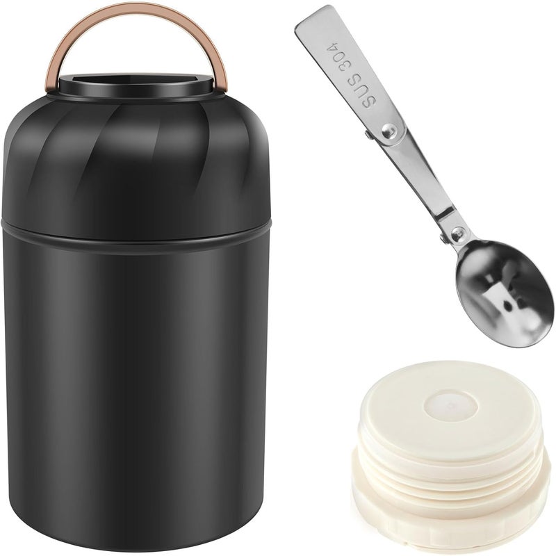 windforgecraft Thermal Insulated Food Jar with Foldable Spoon Vacuum Insulated Hot Food Containers Portable 316 Stainless Steel Thermal Food Container Food Organizer Container for Kids Adults School (Black) - Image 1