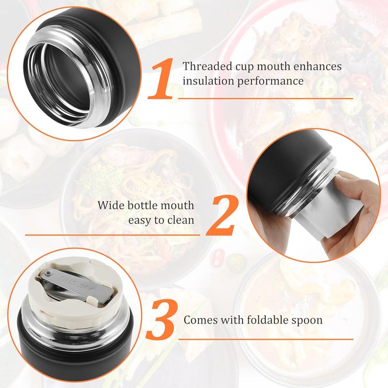 windforgecraft Thermal Insulated Food Jar with Foldable Spoon Vacuum Insulated Hot Food Containers Portable 316 Stainless Steel Thermal Food Container Food Organizer Container for Kids Adults School (Black) - Image 5