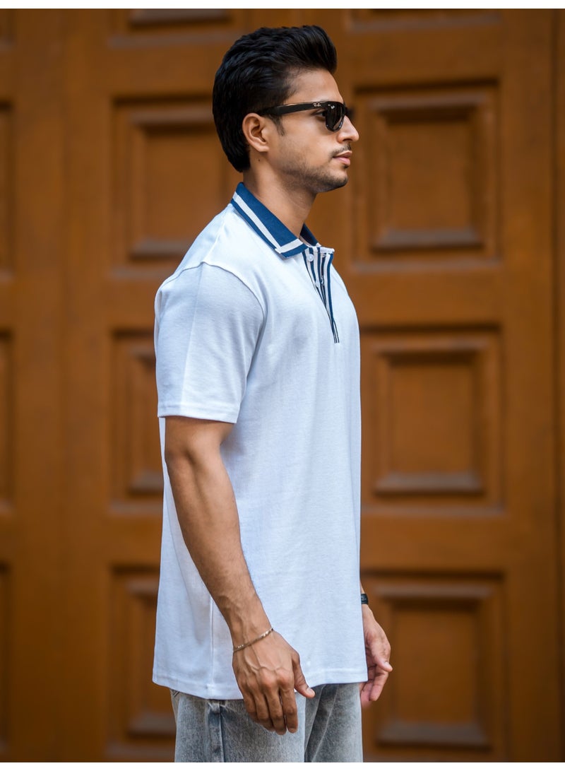 Maniac Mens Solid Twintone Polo Neck Half Sleeve White and Navy Cotton Polo T-Shirt - Image 3