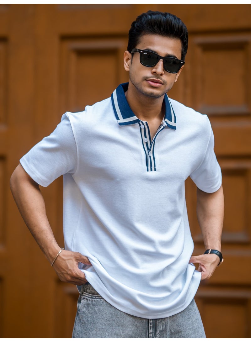 Maniac Mens Solid Twintone Polo Neck Half Sleeve White and Navy Cotton Polo T-Shirt - Image 1