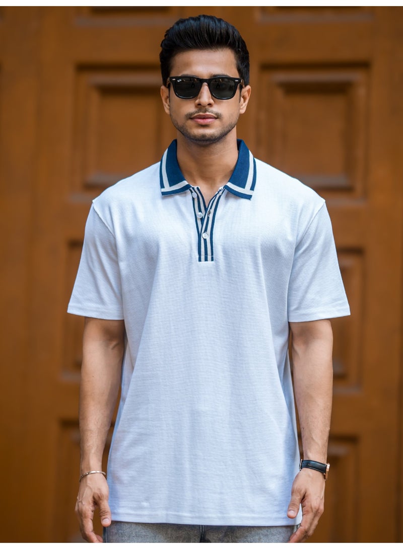 Maniac Mens Solid Twintone Polo Neck Half Sleeve White and Navy Cotton Polo T-Shirt - Image 2