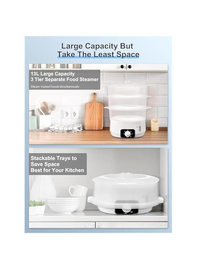 ميكسد جهاز بخار كهربائي من 3 طبقات للطهي، 13.7 كوارت للطبخ السريع في وقت واحد، جهاز بخار للخضروات، طباخ بخاري للطعام، مؤقت 60 دقيقة، سلال خالية من BPA، 800 واط - Image 5