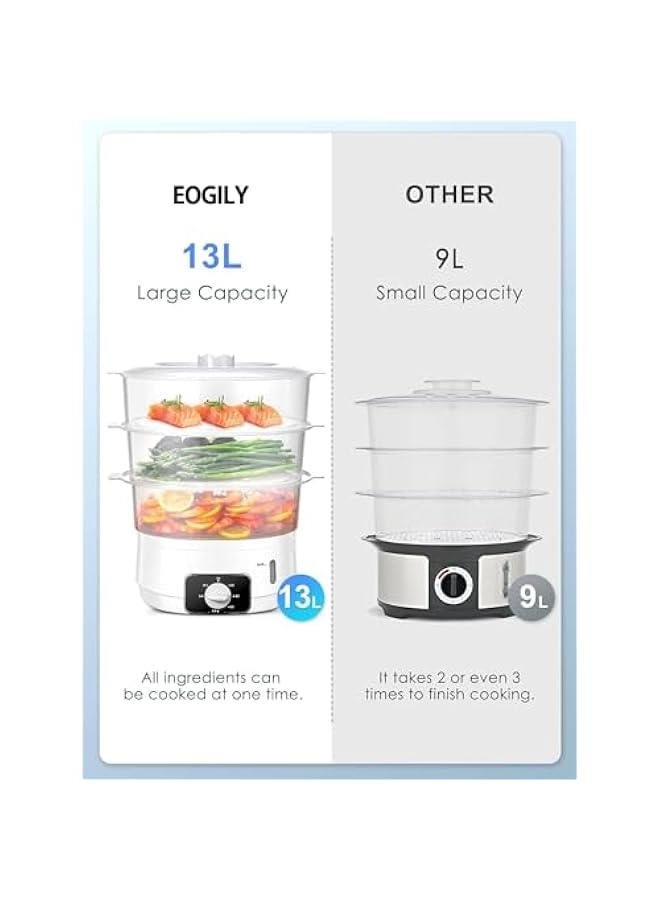 ميكسد جهاز بخار كهربائي من 3 طبقات للطهي، 13.7 كوارت للطبخ السريع في وقت واحد، جهاز بخار للخضروات، طباخ بخاري للطعام، مؤقت 60 دقيقة، سلال خالية من BPA، 800 واط - Image 3