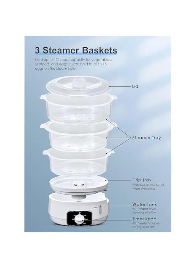 ميكسد جهاز بخار كهربائي من 3 طبقات للطهي، 13.7 كوارت للطبخ السريع في وقت واحد، جهاز بخار للخضروات، طباخ بخاري للطعام، مؤقت 60 دقيقة، سلال خالية من BPA، 800 واط - Image 2