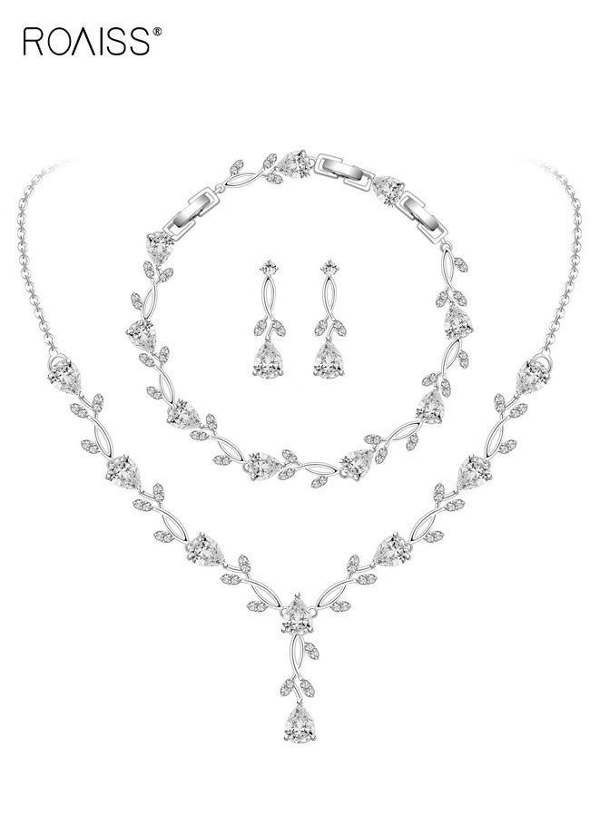 roaiss 3-Piece Women's Flower Necklace Earring Set Silver Wedding Accessories Complete Bridal Jewelry Set for Brides, Elegant and Romantic, Perfect for Wedding Ceremonies and Special Occasions - Image 1