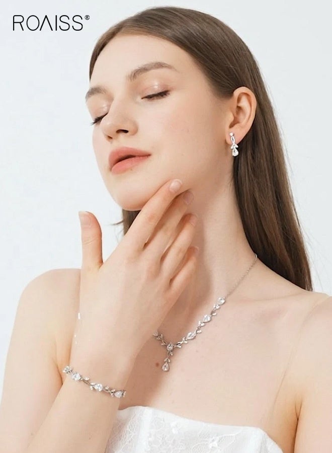 roaiss 3-Piece Women's Flower Necklace Earring Set Silver Wedding Accessories Complete Bridal Jewelry Set for Brides, Elegant and Romantic, Perfect for Wedding Ceremonies and Special Occasions - Image 2