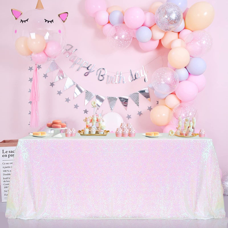 BCOOL Sequin Tablecloth White Iridescent Table Overlay Rainbow Table Cloths 90x132inch Seamless Tablecloth Sparkly Wedding Party Decorations