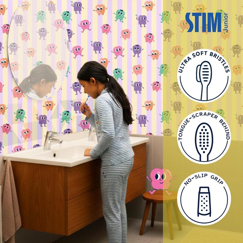 STIM Junior Kids Toothbrush | 3–10 Years | Ultra-Soft Bristles for Gentle Cleaning | Thumb Grip Handle & Tongue Scraper | Perfectly Sized for Independent Brushing | Dentist Recommended | (2 Brushes) - Image 3