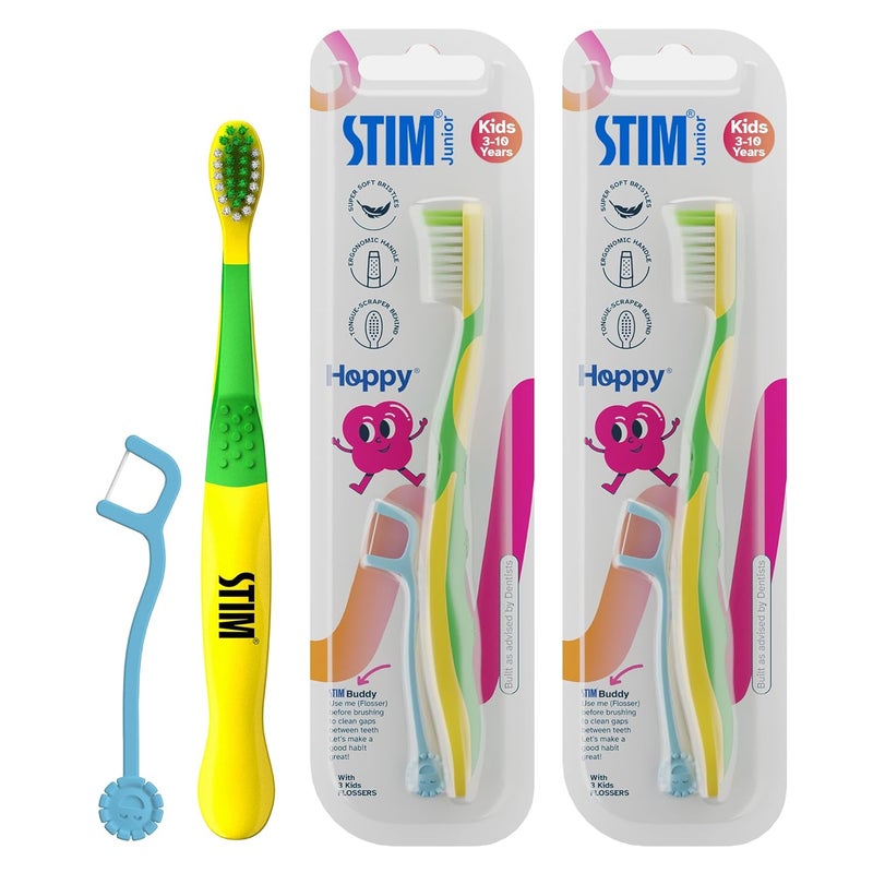 STIM Junior Kids Toothbrush | 3–10 Years | Ultra-Soft Bristles for Gentle Cleaning | Thumb Grip Handle & Tongue Scraper | Perfectly Sized for Independent Brushing | Dentist Recommended | (2 Brushes) - Image 1