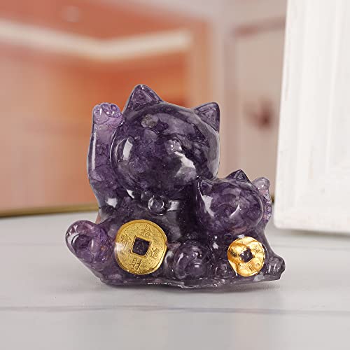 Reyife Crystal Lucky Cat Figurine Hand Carved Mother and Child Double Money Cats Maneki Neko Statue Feng Shui Decoration for Home Office Attract Good Luck Money Wealth(Amethyst) - Image 2
