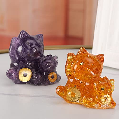Reyife Crystal Lucky Cat Figurine Hand Carved Mother and Child Double Money Cats Maneki Neko Statue Feng Shui Decoration for Home Office Attract Good Luck Money Wealth(Amethyst) - Image 3