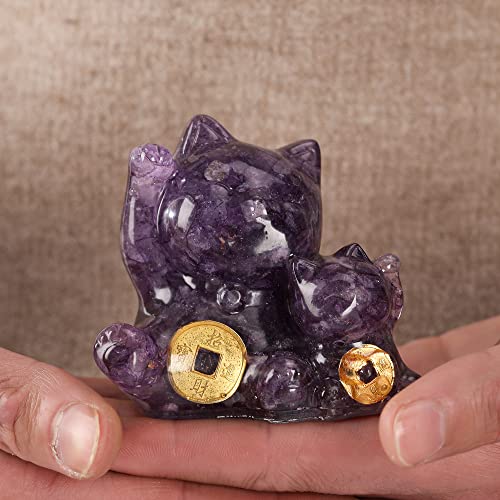 Reyife Crystal Lucky Cat Figurine Hand Carved Mother and Child Double Money Cats Maneki Neko Statue Feng Shui Decoration for Home Office Attract Good Luck Money Wealth(Amethyst) - Image 4