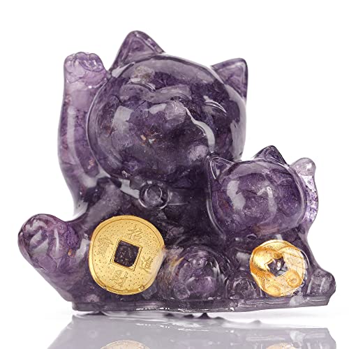 Reyife Crystal Lucky Cat Figurine Hand Carved Mother and Child Double Money Cats Maneki Neko Statue Feng Shui Decoration for Home Office Attract Good Luck Money Wealth(Amethyst) - Image 1