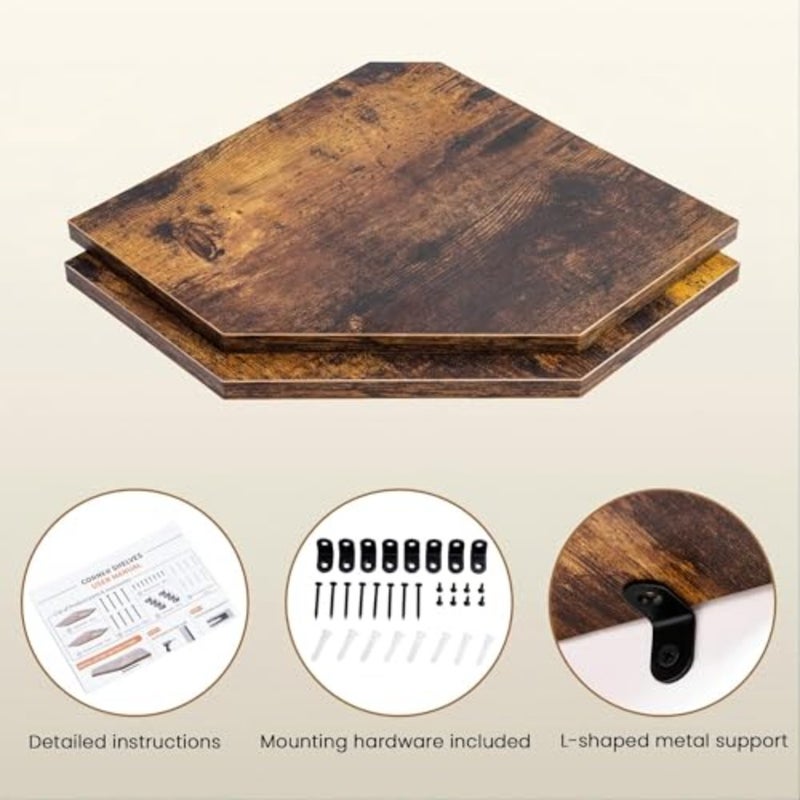 Rustic Floating Corner Shelves Wall Mounted, Set of 3 Space-Saving Wood Display Shelves for Living Room, Bedroom, Bathroom and Kitchen Storage Organizer Modern Farmhouse Brown - Image 4