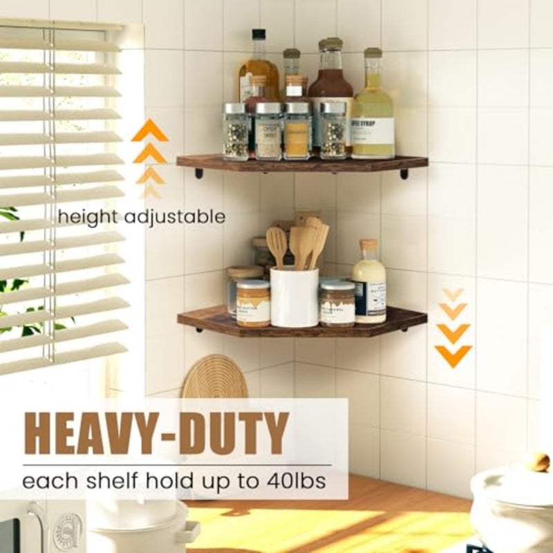 Rustic Floating Corner Shelves Wall Mounted, Set of 3 Space-Saving Wood Display Shelves for Living Room, Bedroom, Bathroom and Kitchen Storage Organizer Modern Farmhouse Brown - Image 3