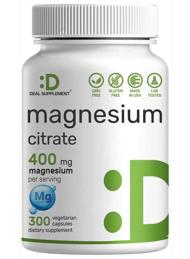 DEAL SUPPLEMENT سترات المغنيسيوم 400 ملغ لكل حصة، 300 كبسولة نباتية – مخلب، سهلة الامتصاص، معدن نقي – دعم العضلات، القلب، والهضم – غير معدّل وراثياً - Image 1