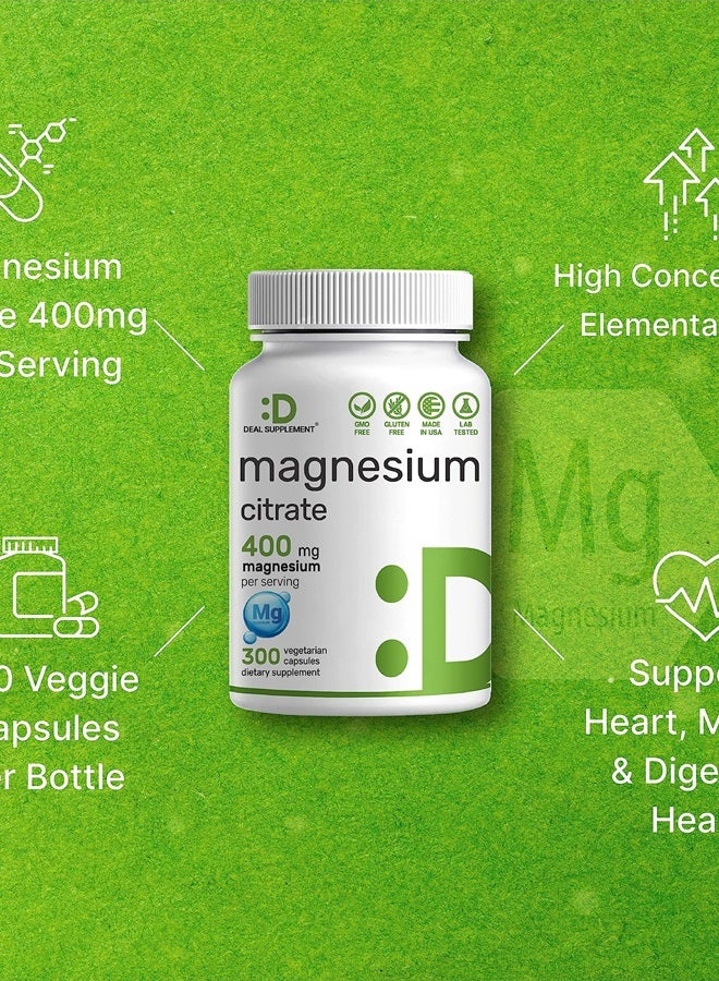 DEAL SUPPLEMENT سترات المغنيسيوم 400 ملغ لكل حصة، 300 كبسولة نباتية – مخلب، سهلة الامتصاص، معدن نقي – دعم العضلات، القلب، والهضم – غير معدّل وراثياً - Image 4