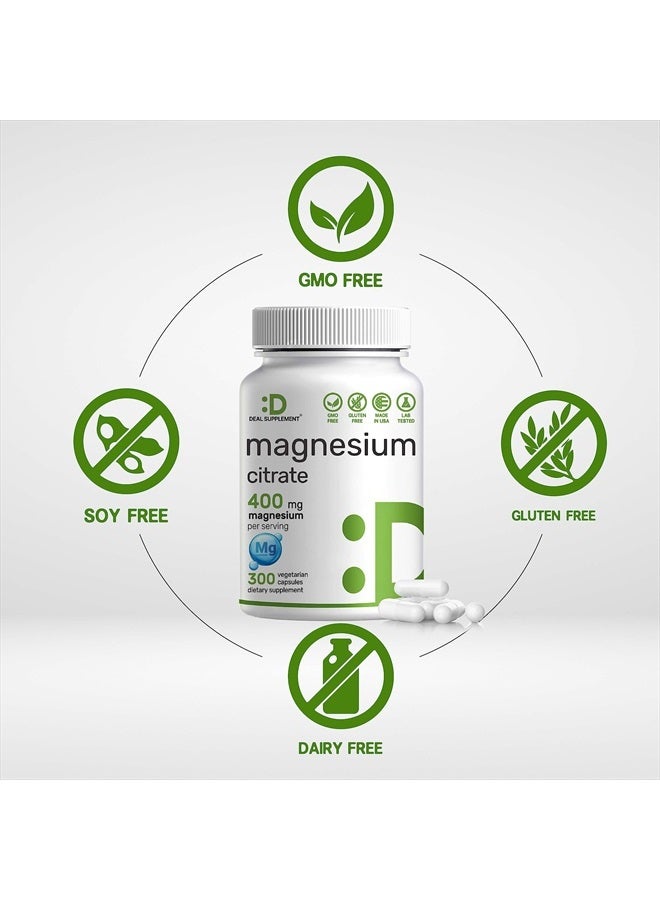 DEAL SUPPLEMENT سترات المغنيسيوم 400 ملغ لكل حصة، 300 كبسولة نباتية – مخلب، سهلة الامتصاص، معدن نقي – دعم العضلات، القلب، والهضم – غير معدّل وراثياً - Image 3
