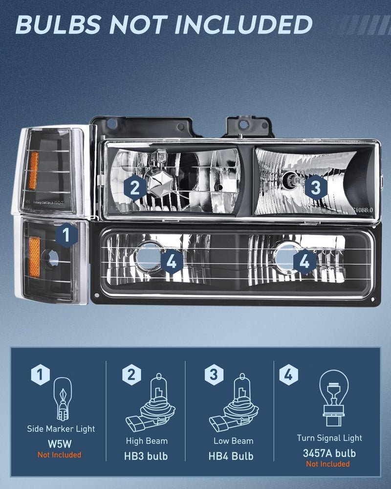 Nilight Nilight Headlight Assembly for 1994 1995 1996 1997 1998 GMC Suburban Yukon Sierra C/K Series 1500 2500 3500 Replacement Headlamp Black Housing Amber Reflector Bumper Corner Lamp, 2 Years Warranty  - Image 2