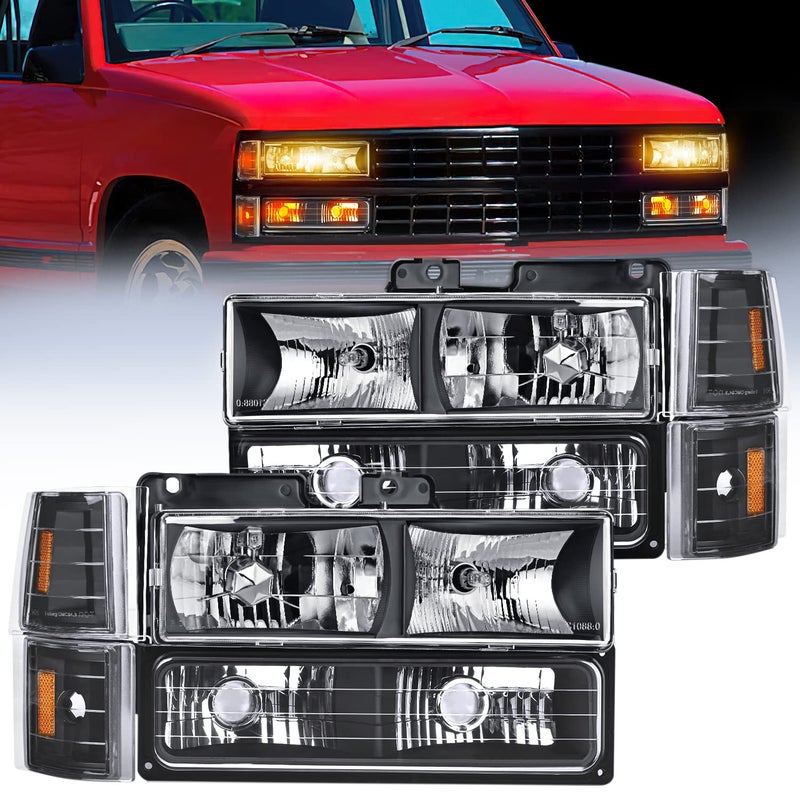 Nilight Nilight Headlight Assembly for 1994 1995 1996 1997 1998 GMC Suburban Yukon Sierra C/K Series 1500 2500 3500 Replacement Headlamp Black Housing Amber Reflector Bumper Corner Lamp, 2 Years Warranty  - Image 1