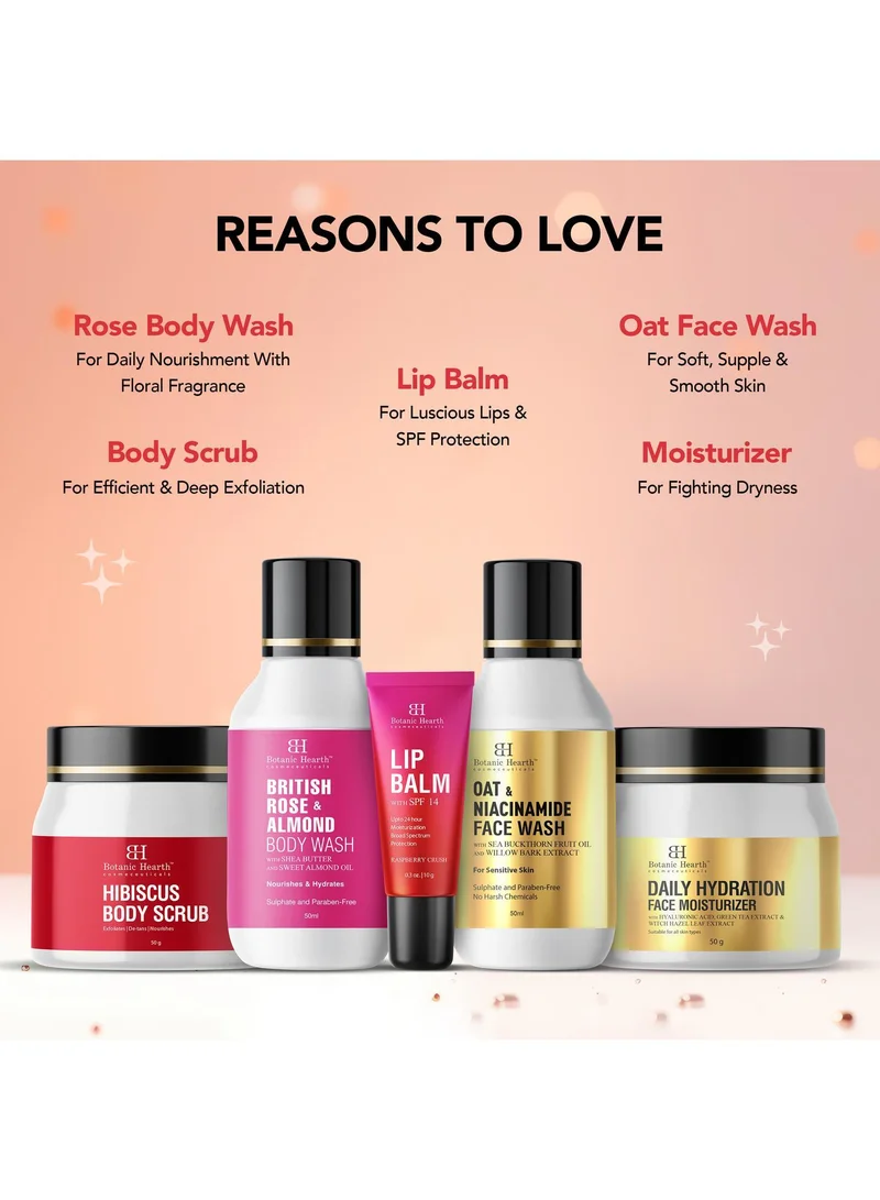 Botanic Hearth Botanic Hearth Gift Set of 5 - Hibiscus Body Scrub - 60g | Raspberry Lip Balm - 10g | British Rose Body Wash - 50ml | Daily Hydration Face Moisturizer- 50g | Oat & Niacinamide Face Wash - 50ml