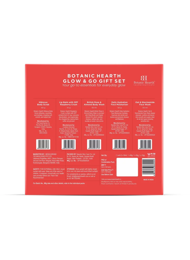 Botanic Hearth Botanic Hearth Gift Set of 5 - Hibiscus Body Scrub - 60g | Raspberry Lip Balm - 10g | British Rose Body Wash - 50ml | Daily Hydration Face Moisturizer- 50g | Oat & Niacinamide Face Wash - 50ml
