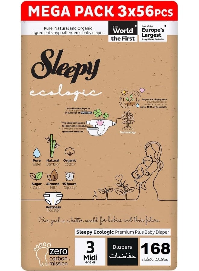 Sleepy Pack Of 168 Baby Ecologic Size 3, Hypoallergenic, Plant-Based, Biodegradable, Sustainable, Premium Taped Diapers With High Absorption, Organic Baby Dry Diaper 4-10 Kg, 100% Leakproof