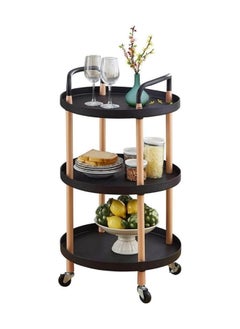 SKY-TOUCH 3 Tier Round Rolling Cart : End Table Storage Organizer Cart with Handle Serving cart with Wood Frame Side Table with Lockable Wheels for Home Office Living Room Kitchen (Black)