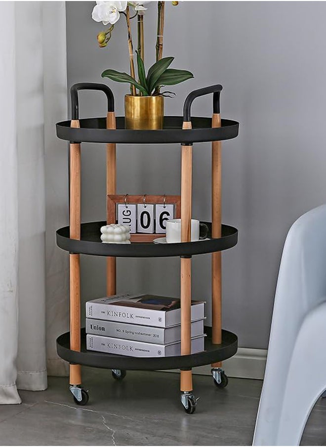SKY-TOUCH - SKY-TOUCH 3 Tier Round Rolling Cart : End Table Storage Organizer Cart with Handle Serving cart with Wood Frame Side Table with Lockable Wheels for Home Office Living Room Kitchen (Black) - Image 1