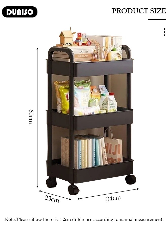 DUNISO 3 Tier Rolling Utility Cart Multifunctional Storage Organizer with Wheels Plastic Storage Cart Multipurpose Storage Rack for Bathroom Kitchen Laundry Bedroom Office(Black)  - Image 2