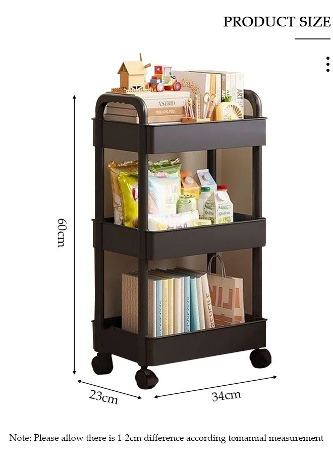 DUNISO عربة تخزين متعددة الوظائف بثلاثة مستويات مع عجلات - عربة تخزين بلاستيكية متعددة الاستخدامات لمرافق الحمام والمطبخ وغسيل الملابس وغرفة النوم والمكتب (أسود) - Image 2