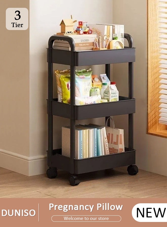 DUNISO عربة تخزين متعددة الوظائف بثلاثة مستويات مع عجلات - عربة تخزين بلاستيكية متعددة الاستخدامات لمرافق الحمام والمطبخ وغسيل الملابس وغرفة النوم والمكتب (أسود) - Image 1