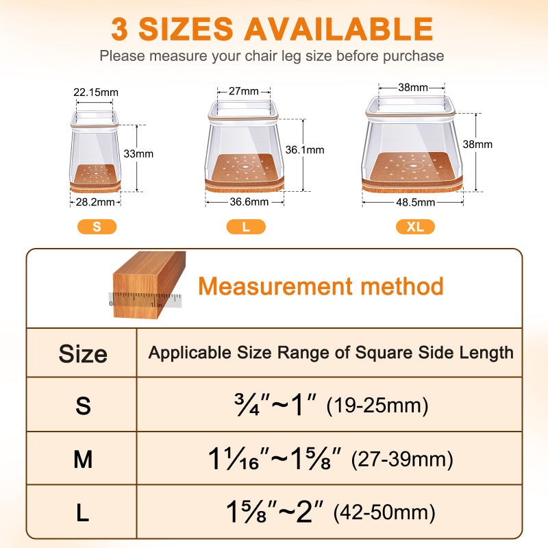 VIUME 24 Pcs Chair Leg Floor Protectors for Hardwood Floors Square Silicone Covers to Protect Wood Tile Floors Felt Pads Furniture Leg Caps Anti-Scratch Reduce Noise (Fit:3/4" to 1") - Image 5