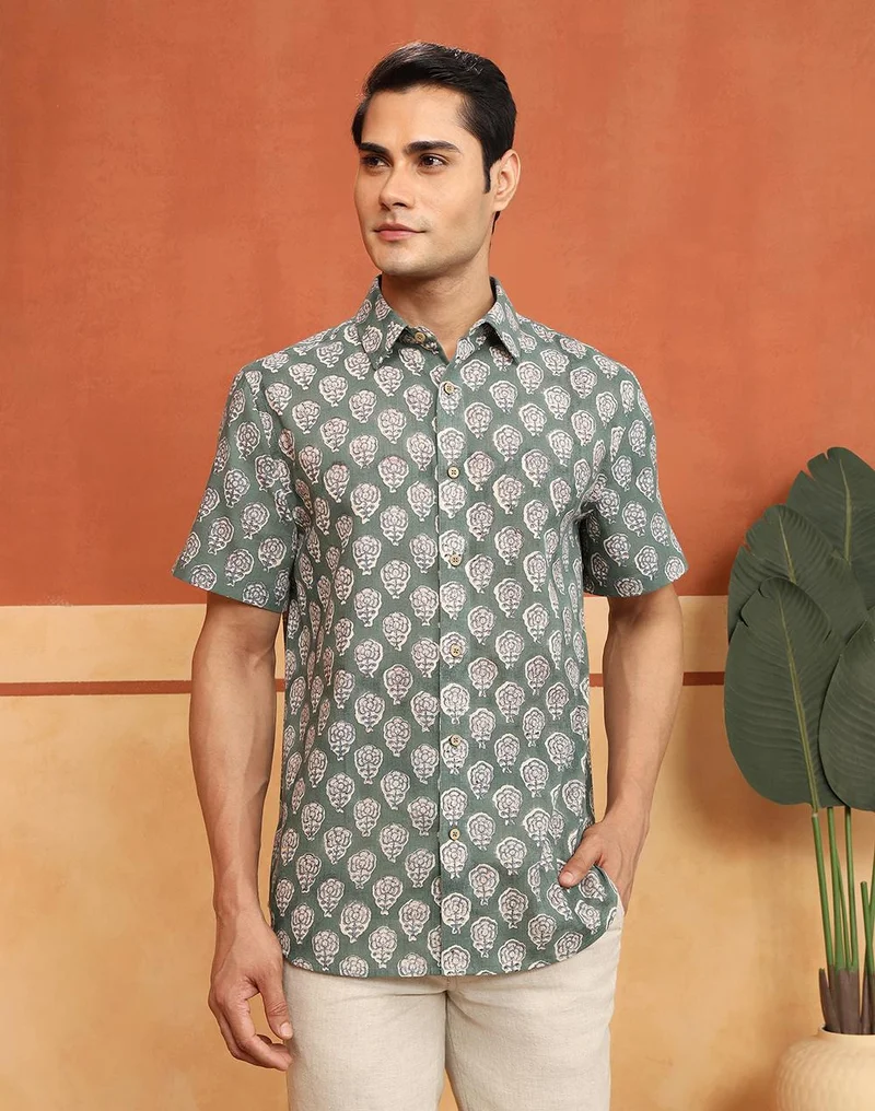 فاب انديا Green-Blue Cotton Hand Block Printed Slim Fit Shirt